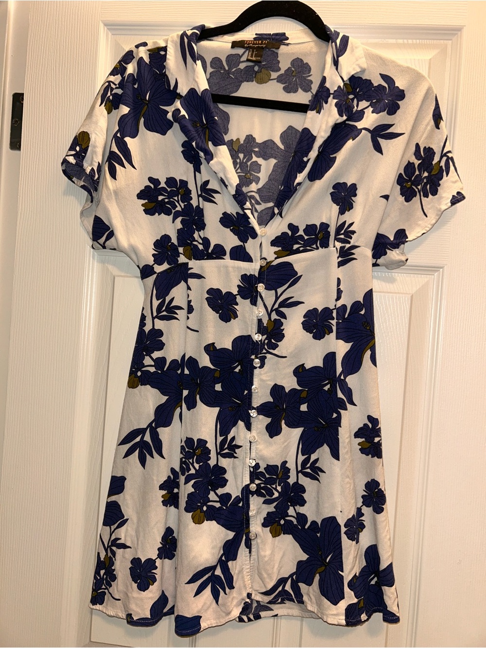 Forever 21 White Short-Sleeve Button Front Top with Navy Floral Print